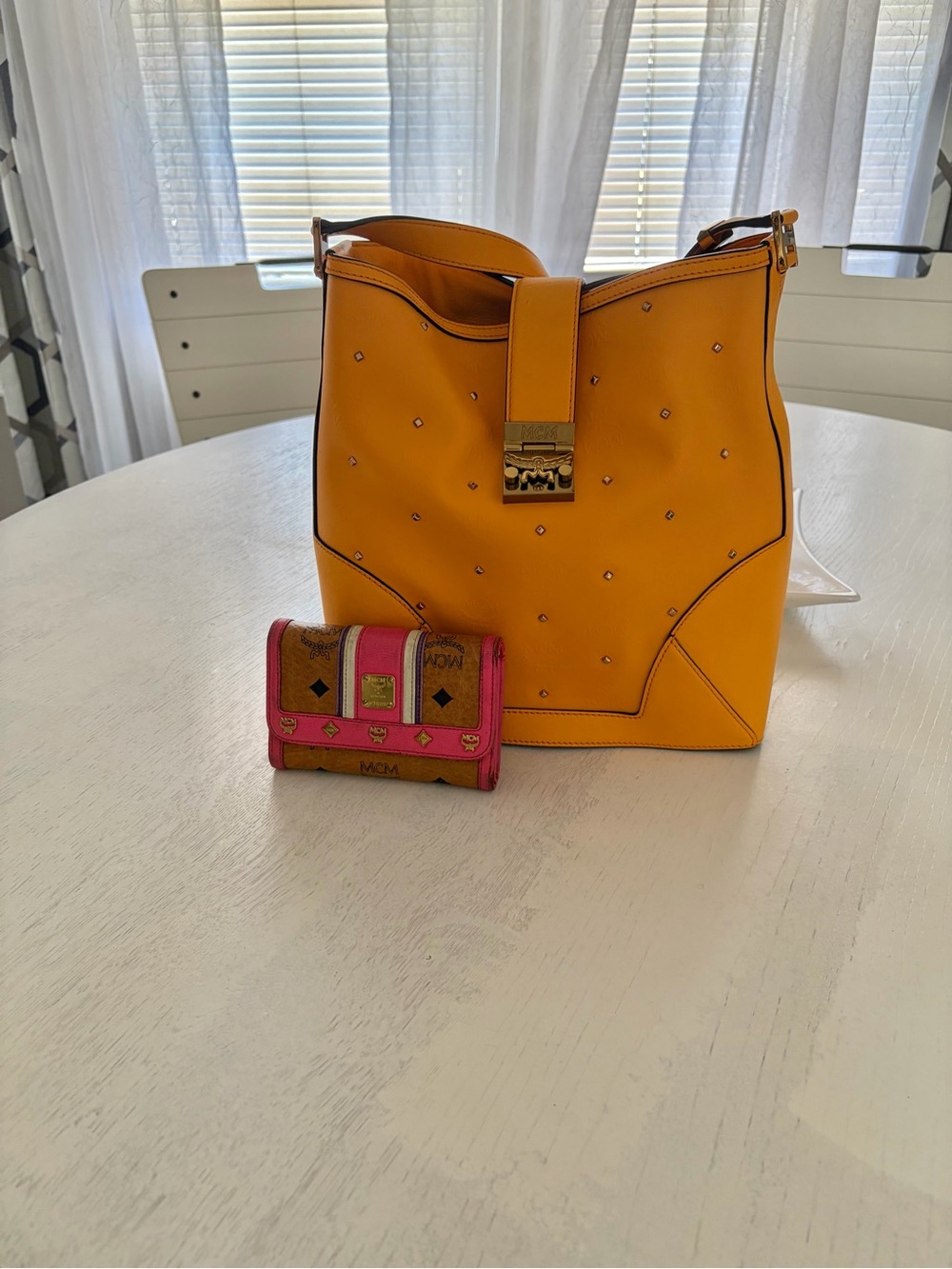 MCM Yellow Studded Leather Shoulder Bag with Pink MCM Wallet